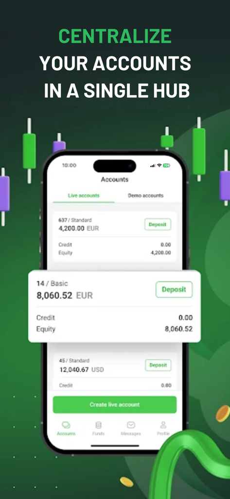 Kato Prime LTD - Interfaz de la aplicación Kato Prime que muestra un centro centralizado para múltiples cuentas de trading reales y de demostración con saldos de cuenta y detalles de capital.