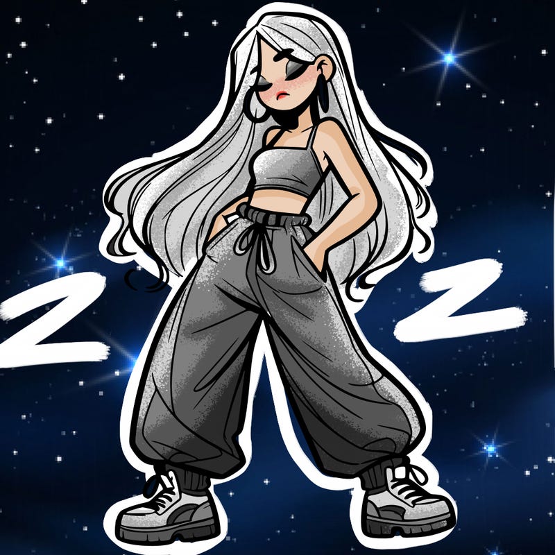 girl in baggy pants crop top and long hair