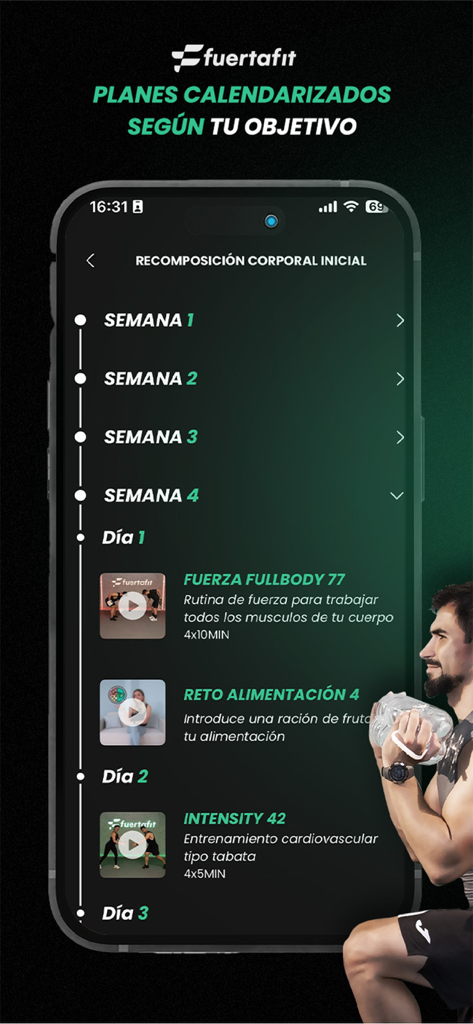 Mobile screen showing a 4-week fitness and nutrition plan with daily workouts and diet challenges.