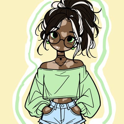 girl with a messy ponytail glasses a baggy crop top and jean shorts