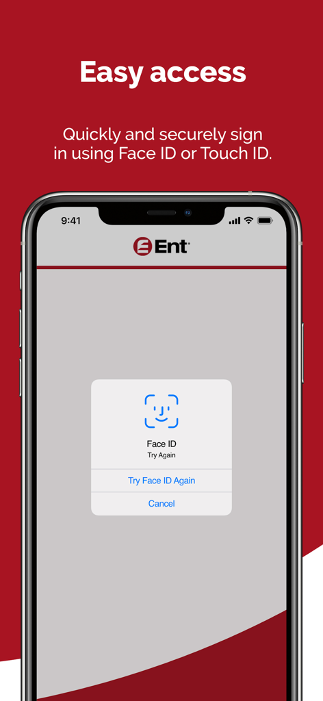 Ent Mobile Banking - Ent Mobile Banking app screenshot showing secure Face ID login on an iPhone