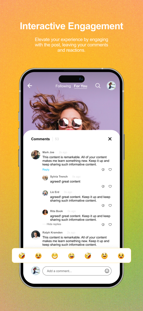 MizMiz app screenshot showing the interactive comments section with user feedback and emoji reaction options on a short-form video platform.