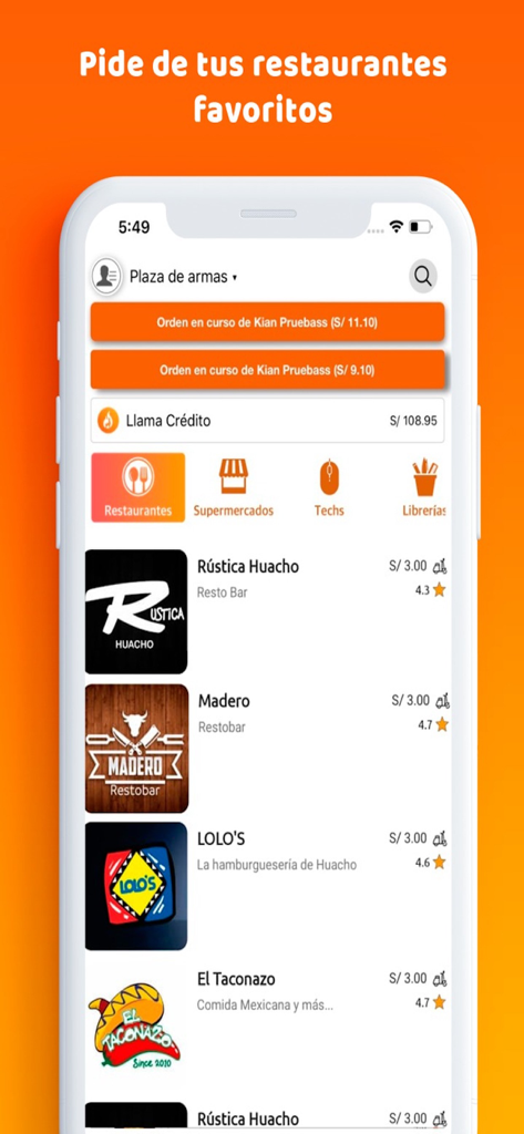 Screenshot of the Llamafood delivery app interface showing a list of restaurants and delivery categories on a smartphone
