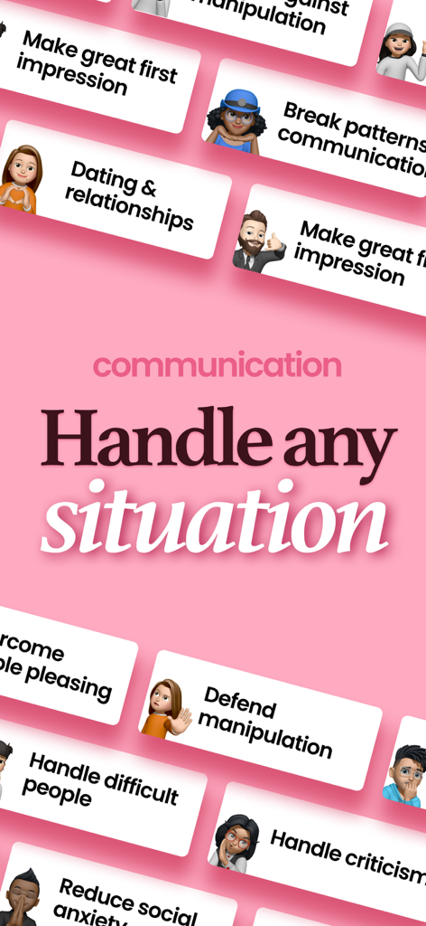 Interface de l'application affichant des sujets de compétences sociales comme les rencontres et la gestion des personnes difficiles.