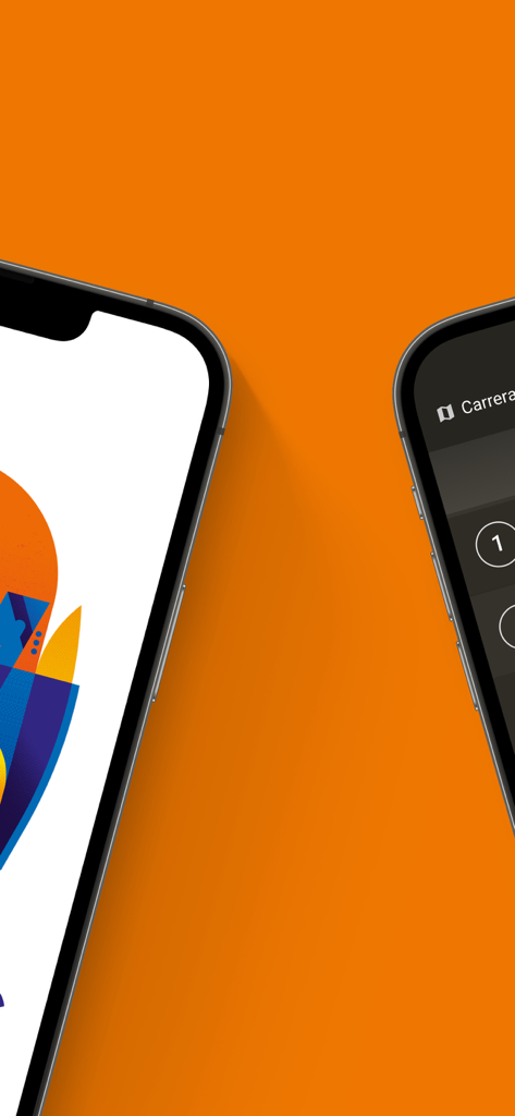 Ofrenda 2026 - オレンジ色の背景にファジェス祭りのパレードを追跡するためのオフェルンダ2026アプリを示す2台のスマートフォン