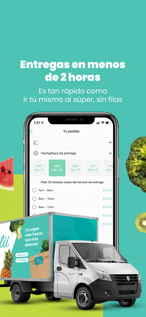 Smartphone displaying Calii app delivery options next to a Calii branded delivery truck