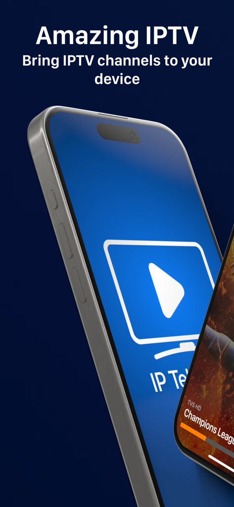 Dos iPhones mostrando la interfaz de la aplicación IP Television y una transmisión de deportes en vivo con el texto Amazing IPTV