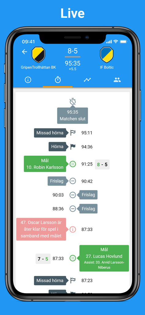 Bandygrytan - A live timeline of a Swedish bandy match showing scores and chronological game events like goals and corners.