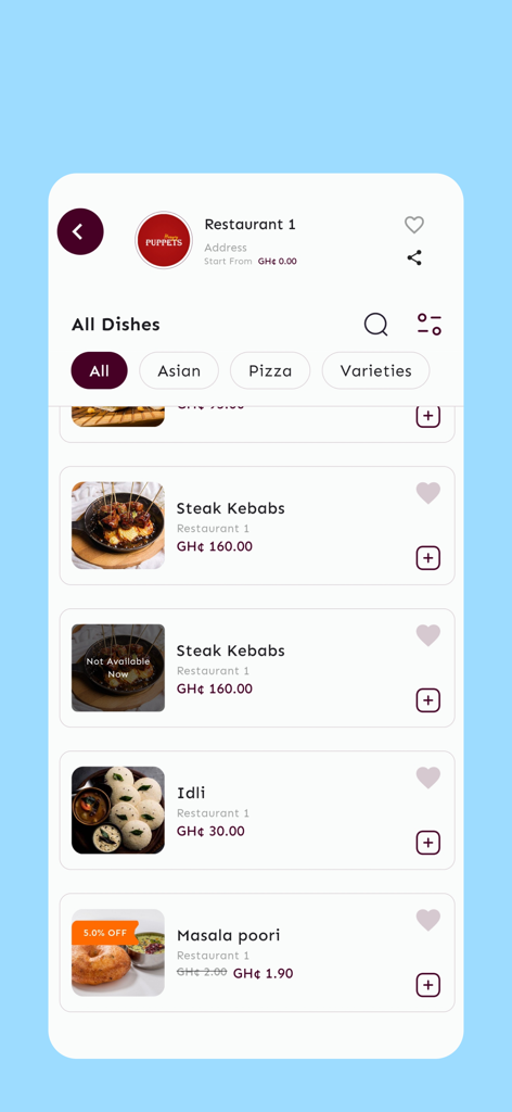 +233 Eats - Pantalla del menú del restaurante en la aplicación +233 Eats con varios platos y precios.