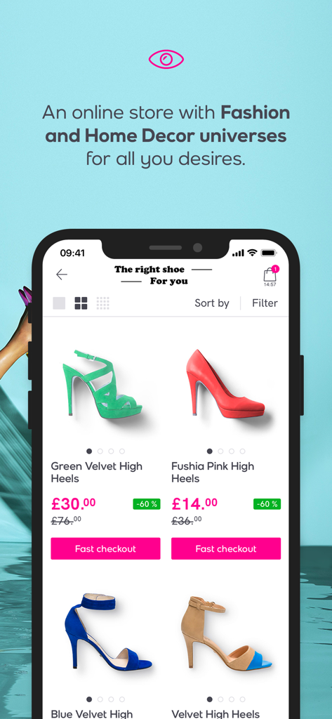 Pantalla móvil de la app outlet Veepee mostrando tacones de lujo con descuento