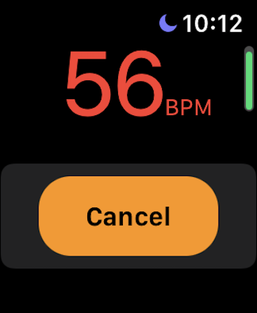 Pantalla de Apple Watch mostrando una medición de frecuencia cardíaca en reposo de 56 LPM con un botón de cancelar