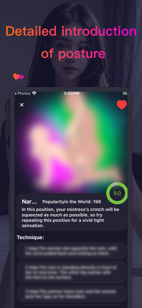 Eine detaillierte Einführung in eine Sex-Position mit Beliebtheitsstatistiken, Technikschritten und einer Benutzerbewertung in der LoveSync-App.