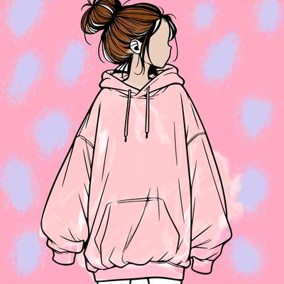 realistic girl with a oversized sweatshirt on and a bun