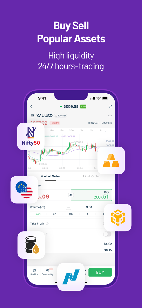 Trade W - Investment & Trading - Interface do aplicativo móvel Trade W mostrando um gráfico de negociação de ouro e vários ícones de ativos financeiros, incluindo ações e petróleo