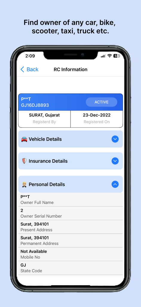 Tela de smartphone exibindo informações de certificado de registro de veículo e detalhes do proprietário no aplicativo RTO.