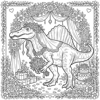 Dive into a prehistoric fairytale with our Spinosaurus Wedding coloring page, where ancient meets elegant. This intricate design offers a unique blend of dinosaur awe and romantic charm, perfect for creative minds of all ages.