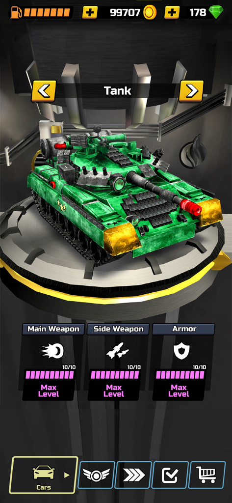 Chaos Road: 3D Car Racing Game - Green armored tank with max level weapon and armor upgrades in Chaos Road game garage