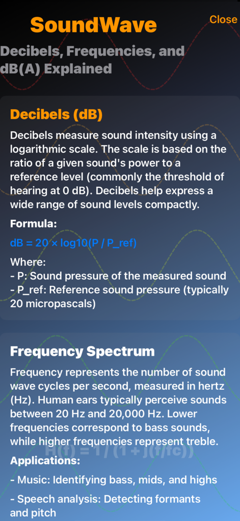 SoundWavesDetector - Educational screen in the SoundWavesDetector app explaining decibels and the frequency spectrum with formulas