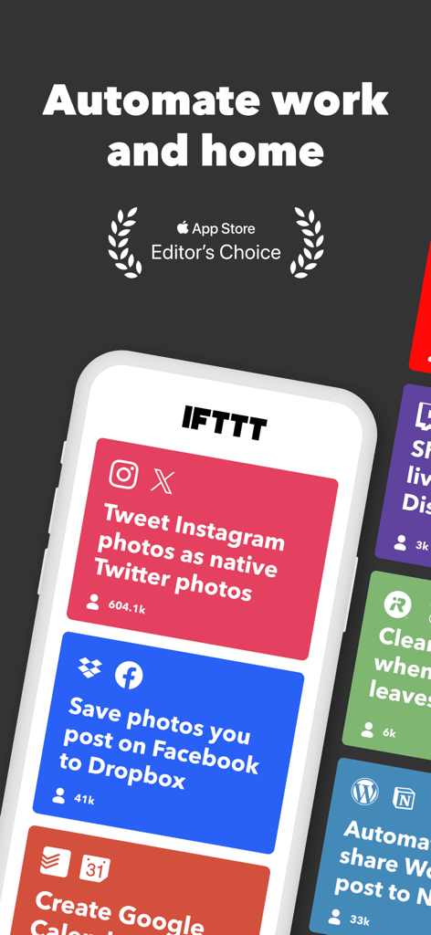 Interface de l'application mobile IFTTT montrant des applets d'automatisation pour Instagram, Twitter et Facebook avec un badge App Store Editors Choice