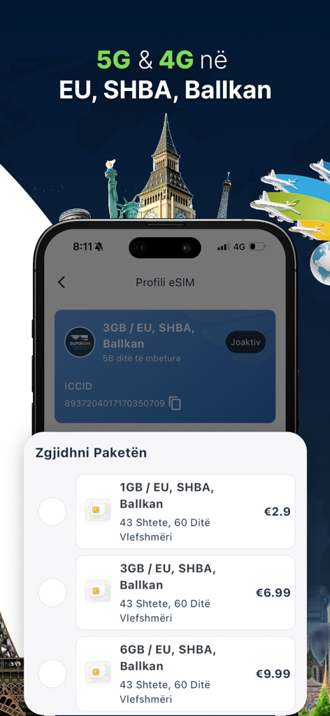 Interfaccia dell'app SuperSim che mostra opzioni di piani dati eSIM per Europa, USA e Balcani con connettività 5G e 4G