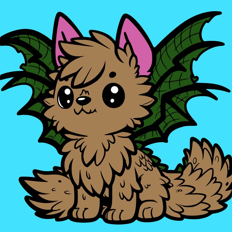 small furry wolf with ripped dragon wings