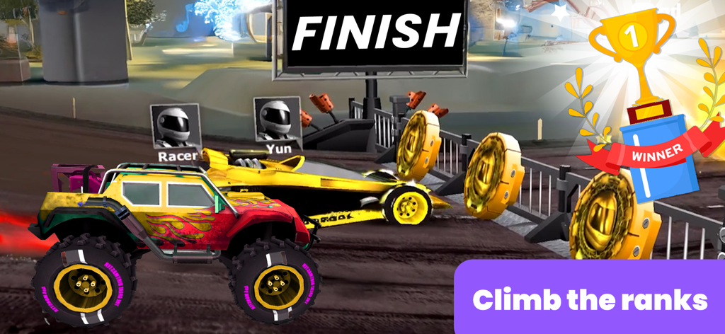 A red monster truck crossing the finish line in a racing game for kids with a winner trophy