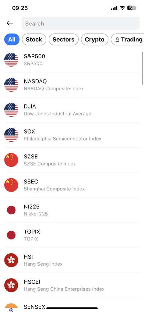 A list of international stock market indices like S&P 500 and NASDAQ in the app
