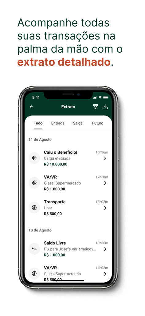 Emana Pay Beneficios - Pantalla de la aplicación Emana Pay mostrando un extracto de transacciones detallado y saldo de beneficios