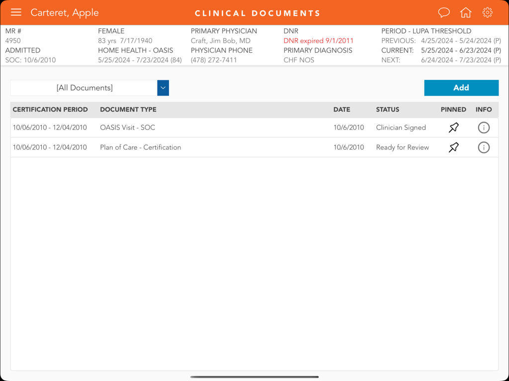 Interface of MatrixCare Clinical showing a list of clinical documents and patient details for home healthcare documentation