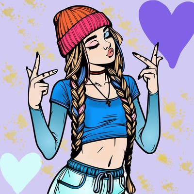 realistic teenage girl with braids and a beanie and crop top doing 🫶🏼