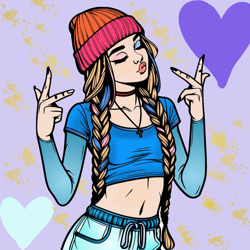 realistic teenage girl with braids and a beanie and crop top doing 🫶🏼