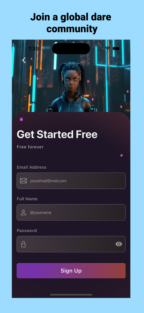 Jitter - Pagina di registrazione dell'app Jitter con campi per email, nome e password per unirsi alla community globale di sfide