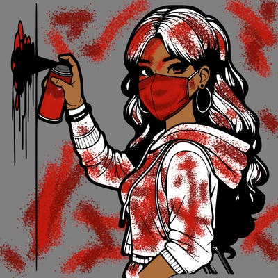 realistic girl with mask spray painting a wall