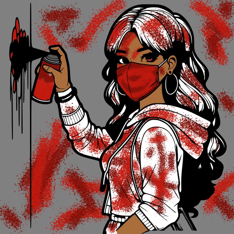 realistic girl with mask spray painting a wall