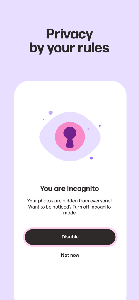 Mamba: Dating, Meet New People - Mambaデーティングアプリのインターフェース。インコグニートモードとプロフィールプライバシー機能を表示。