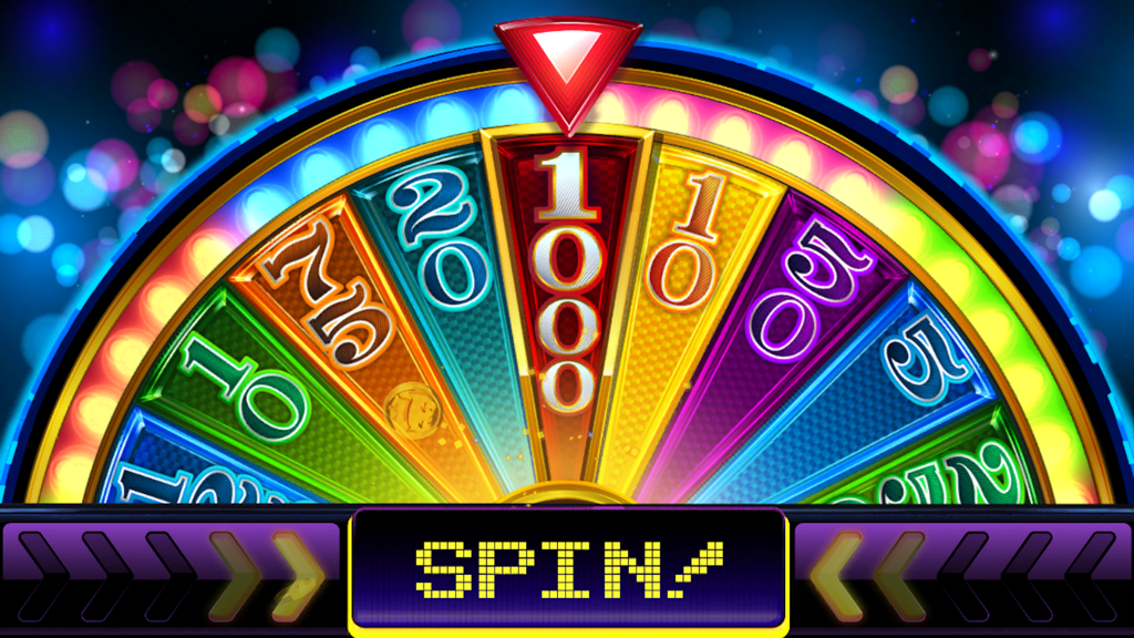 A colorful Vegas slots casino bonus wheel with prize amounts and a spin button