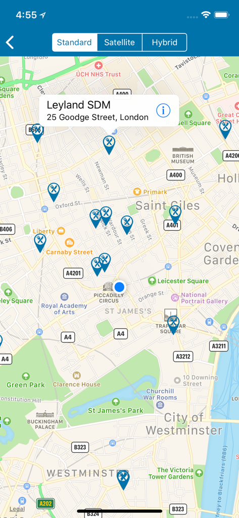 Around Me Place Finder - Around Me Place Finderの地図ビュー。ロンドンの近くのレストランやビジネスを表示しています。