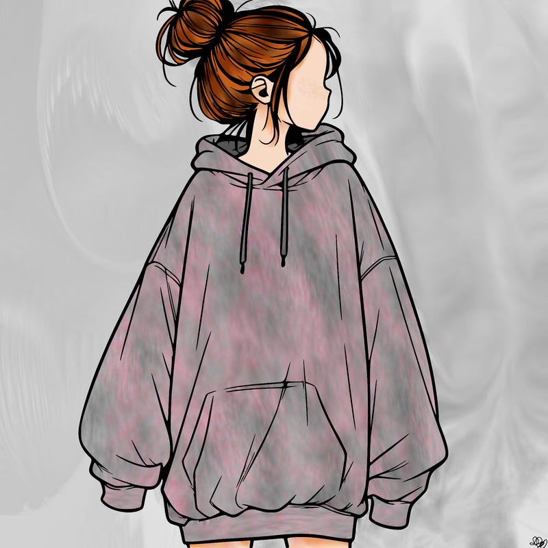 realistic girl with a oversized sweatshirt on and a bun