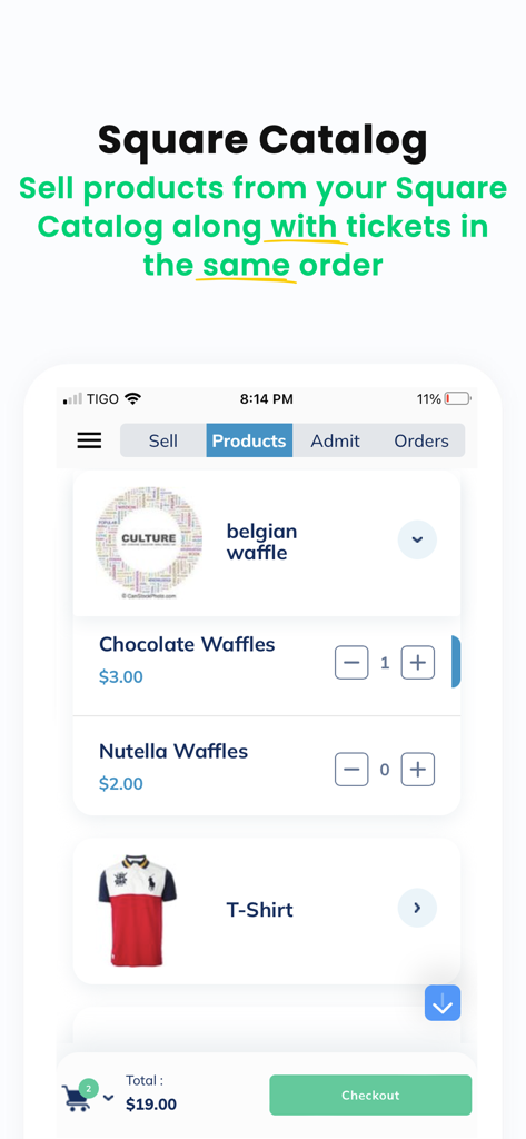 SimpleTix Organizer - SimpleTix Organizer App-Oberfläche, die die Square-Katalog-Integration zeigt, um Merchandise und Event-Tickets zusammen zu verkaufen