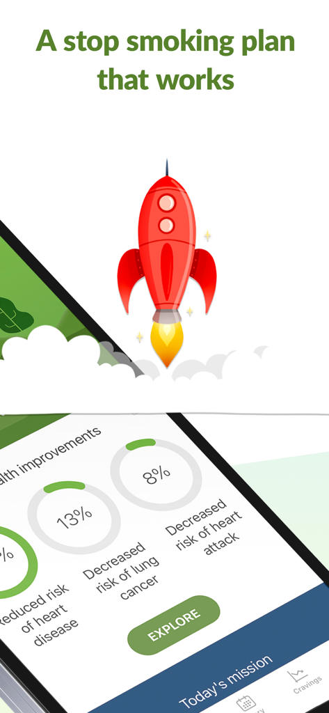 Smoke Free - Quit Smoking Now - 건강 개선 통계와 진행 상황을 나타내는 로켓 아이콘을 표시하는 금연 앱의 스크린샷.
