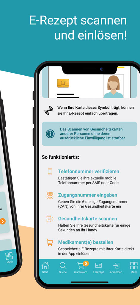 Una pantalla de smartphone que muestra los pasos para escanear y canjear recetas digitales dentro de la aplicación de farmacia.