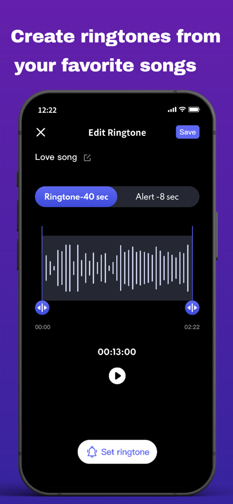 Voicely : Ringtone & AI Voice - Voicely app interface showing audio waveform editing to create custom iPhone ringtones
