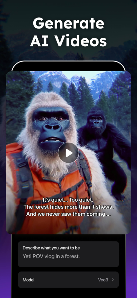 Screenshot of the Collart AI app showing the Generate AI Videos feature with a yeti POV vlog in a forest generated from a prompt.