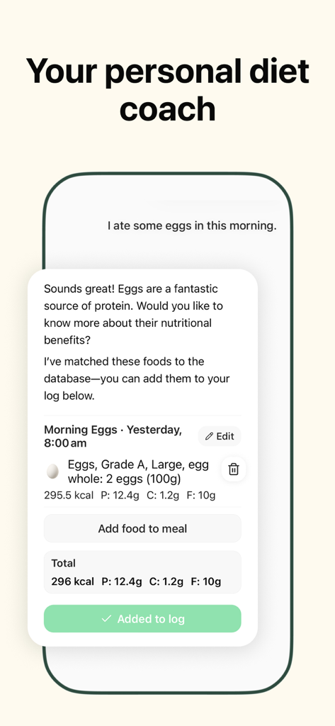 Calorie Tracker: Burner Diet - Screenshot of the Burner Diet app showing an AI personal coach interface processing a food log entry for eggs with calories and macro data.