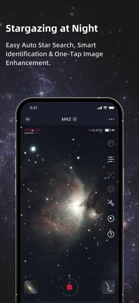 Seestar - Seestar app interface showing the M42 nebula capture and stargazing features.