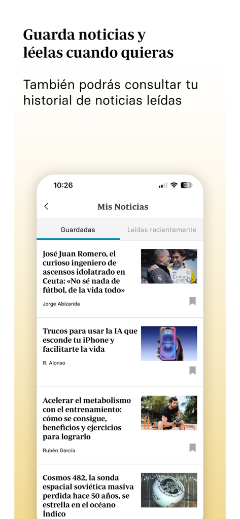 Interfaz de la aplicación Diario ABC mostrando la sección de artículos guardados para leer más tarde