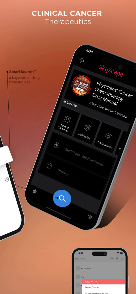 Cancer Chemotherpy Drug Manual - The home screen of the Physicians' Cancer Chemotherapy Drug Manual app showing the main index and smart search feature.