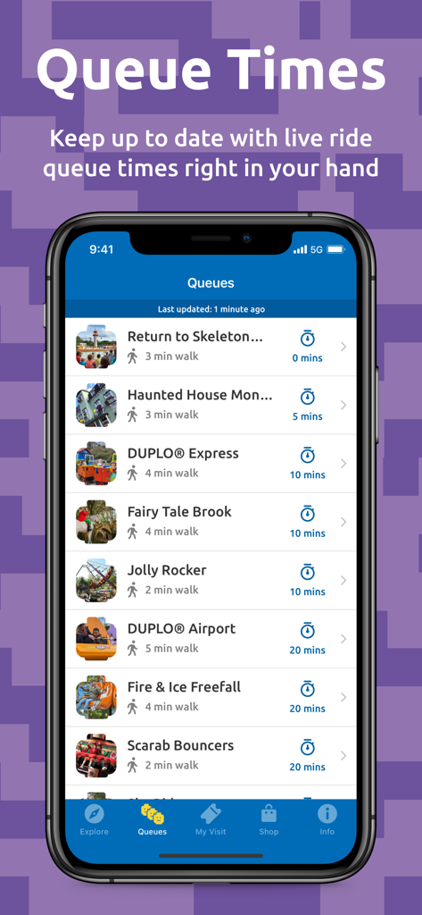 Smartphone screen showing live ride queue times and walking distances for LEGOLAND Windsor Resort attractions