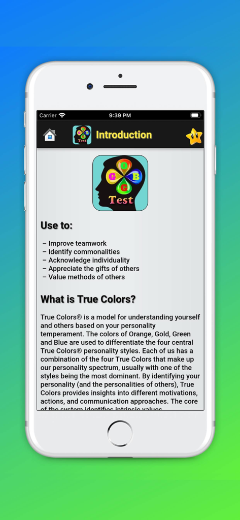Tela de introdução do aplicativo True Colours Personality Test explicando os quatro temperamentos de personalidade