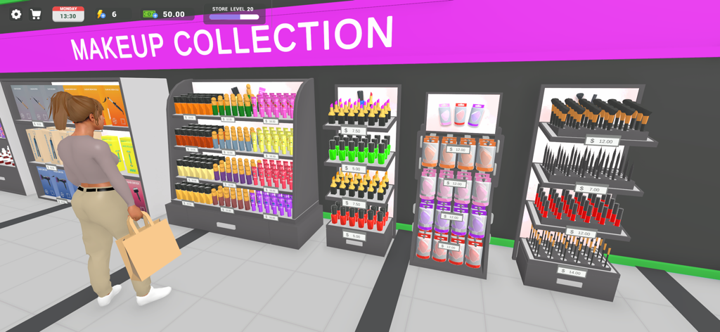 Makeup Store Simulator - A character browsing organized shelves of lipsticks brushes and sponges in Makeup Store Simulator